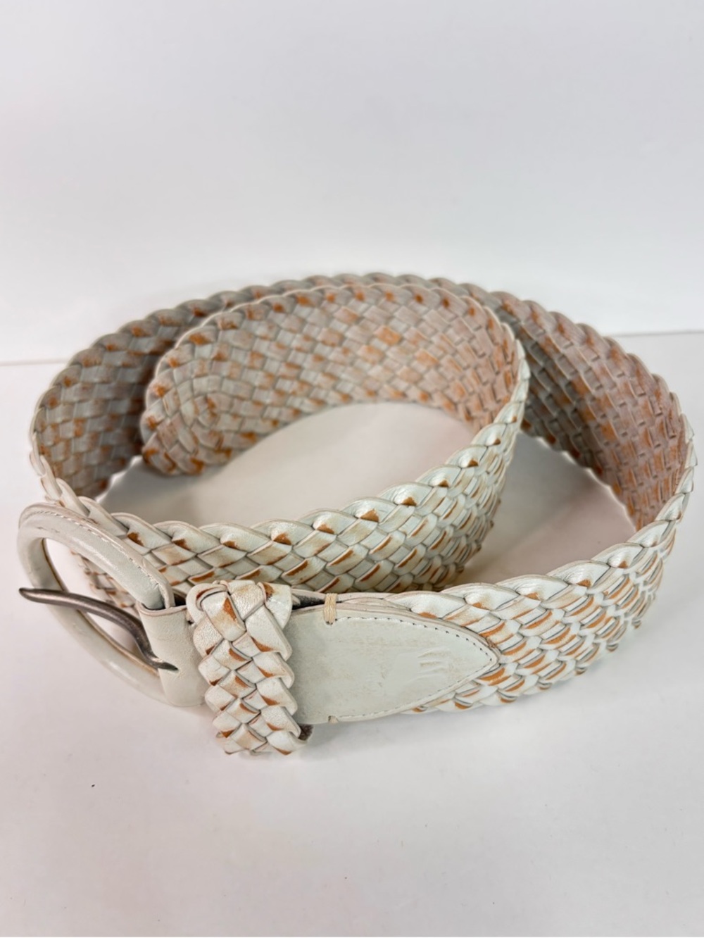 Wide Leather Abercrombie & Fitch VTG Braided Cream Beige Rustic Belt Oval Buckle - Picture 9 of 11